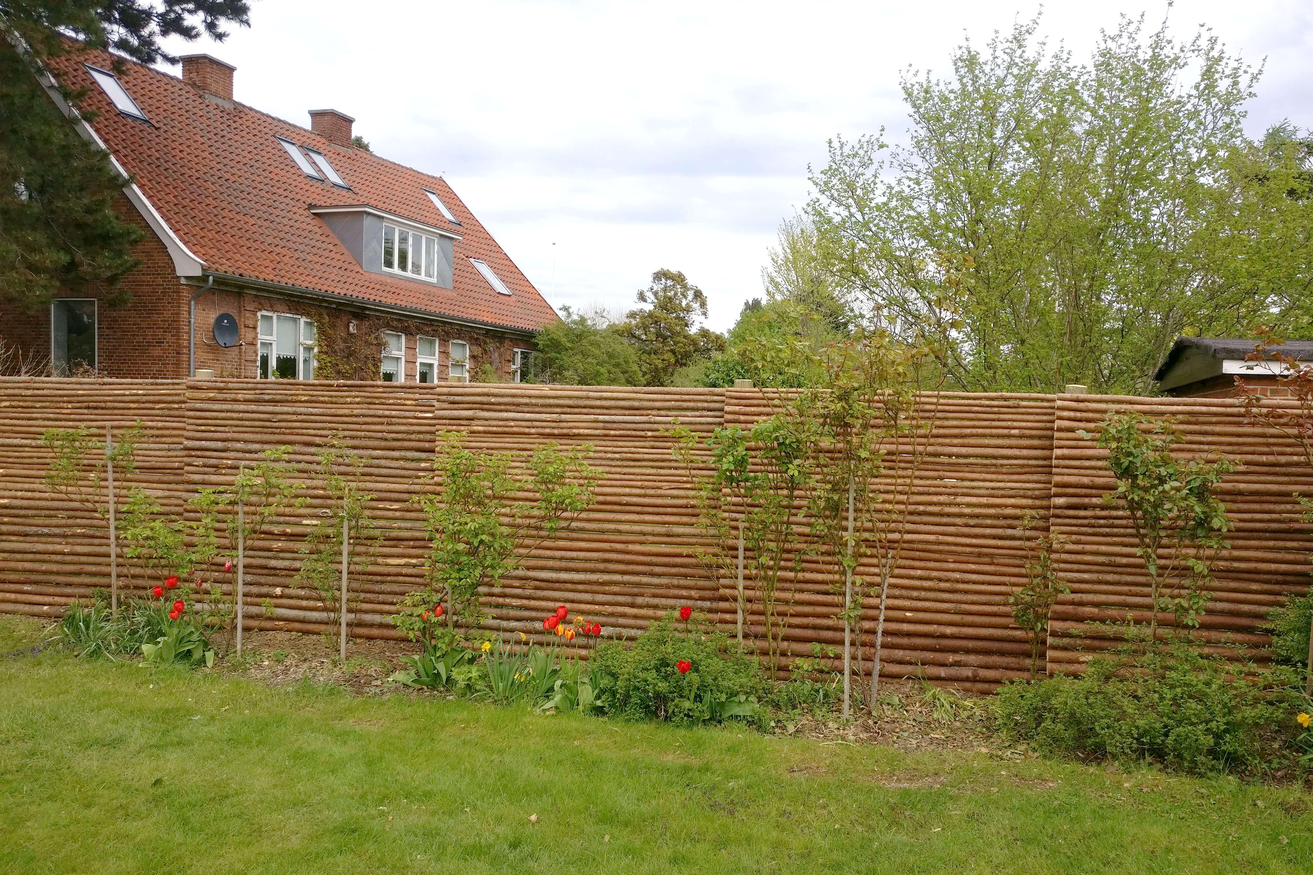 Tuinschermen gemaakt van enten met schors gebruikt als afscheiding tussen twee tuinen