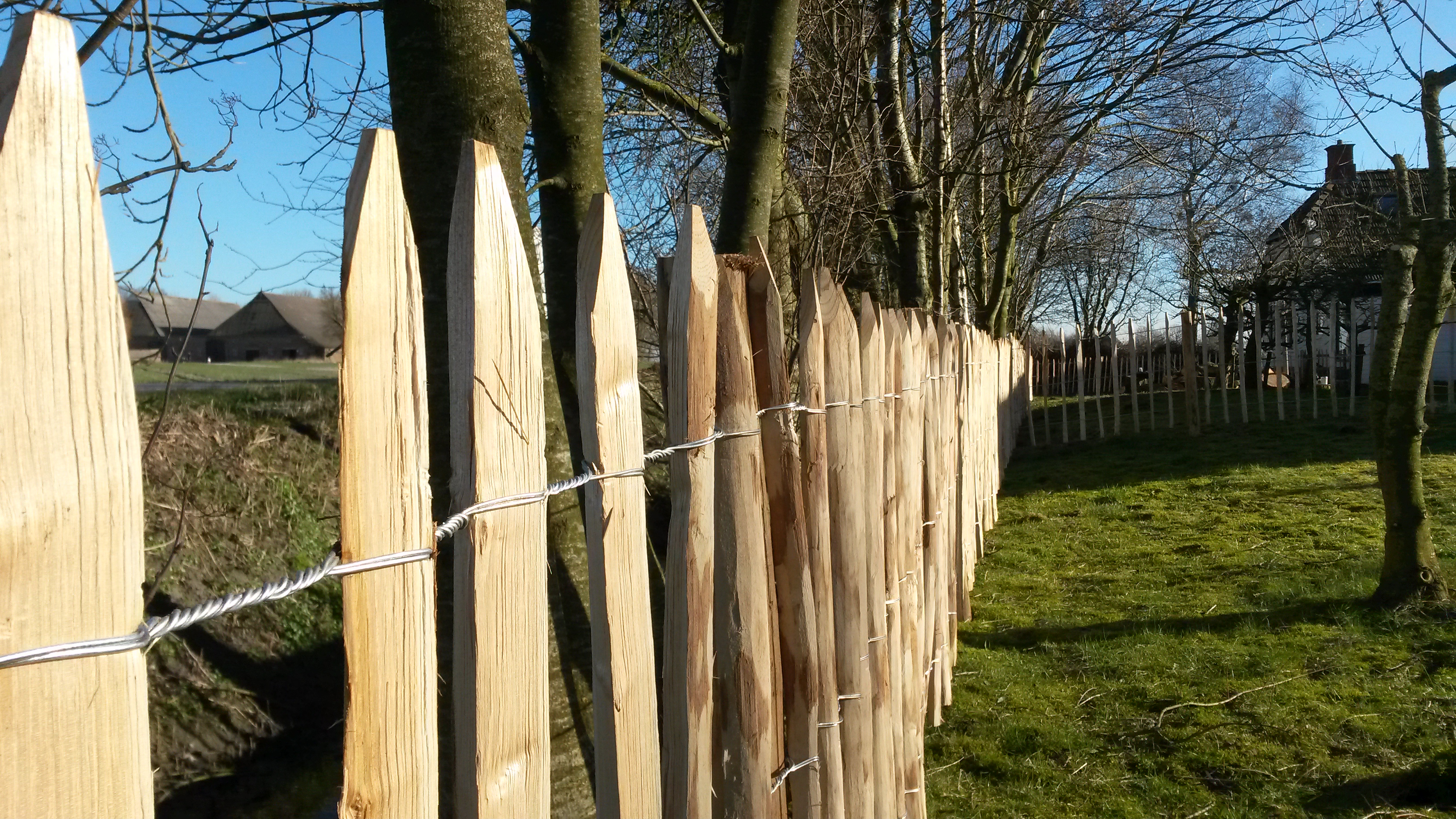 Een close-up van een Poda kastanjehouten hekwerk geïnstalleerd in een tuin.