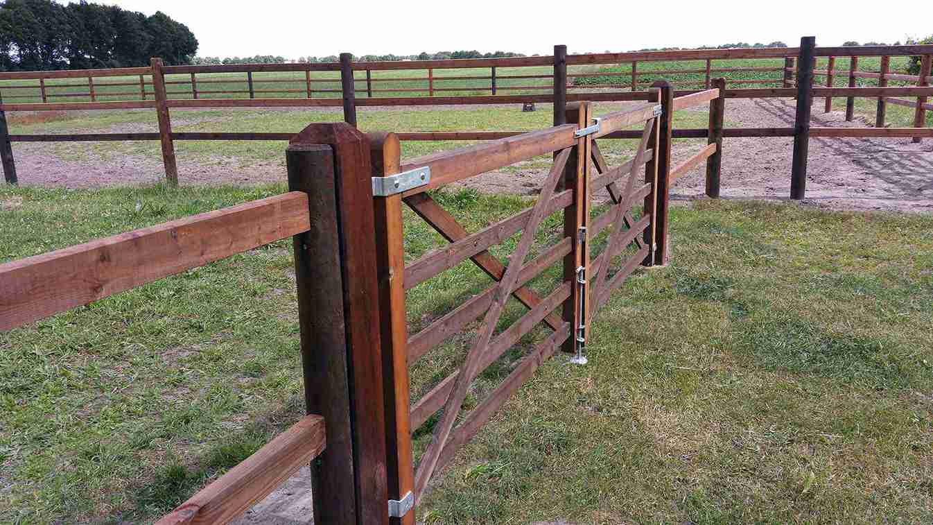 Een paardenomheining scheidt twee paddocks van elkaar. Een dubbele houten poort geeft toegang tot een paddock.